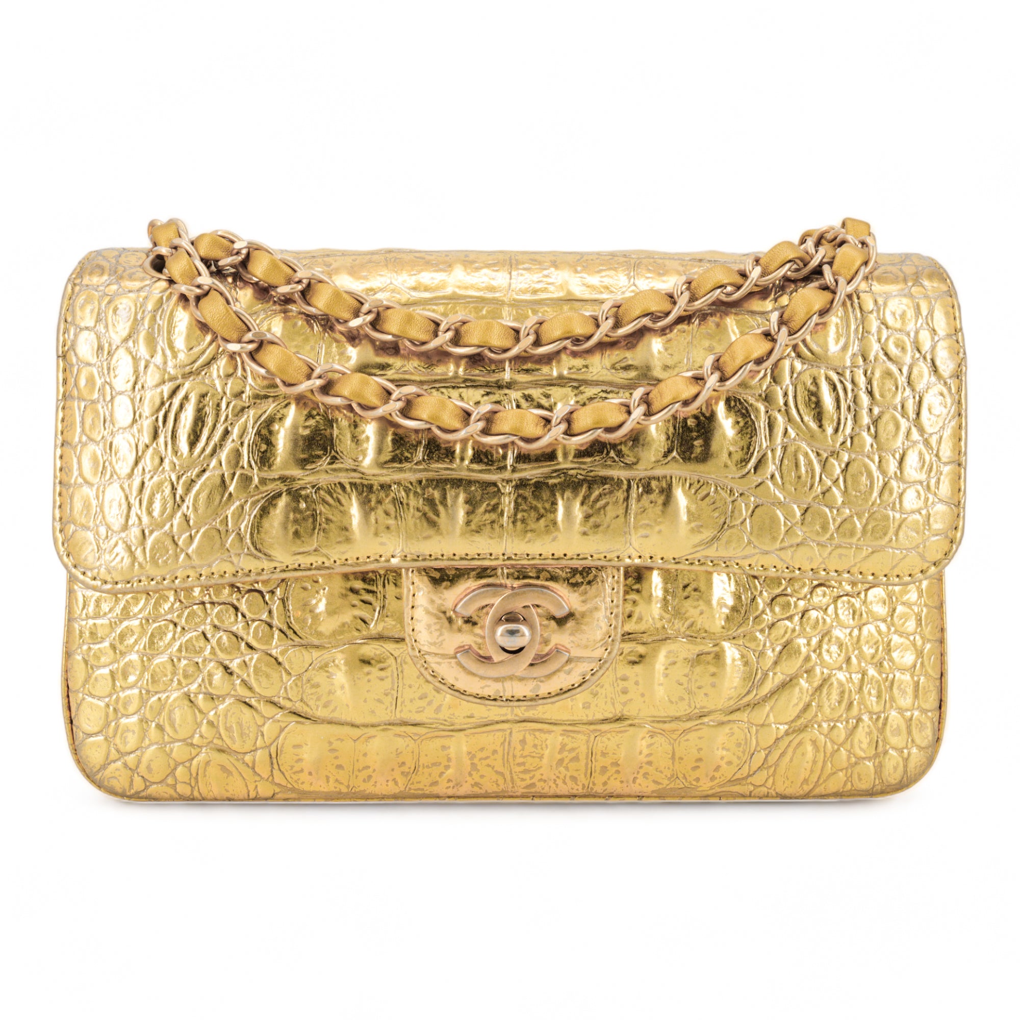 CHANEL 19A Gold Croc Embossed Calfskin Small Classic Double Flap Bag Dearluxe