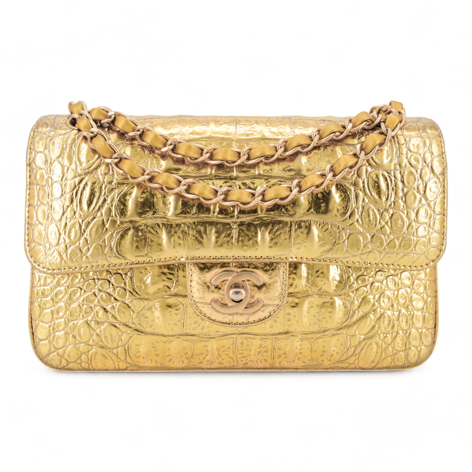 CHANEL 19A Gold Croc Embossed Calfskin Small Classic Double Flap