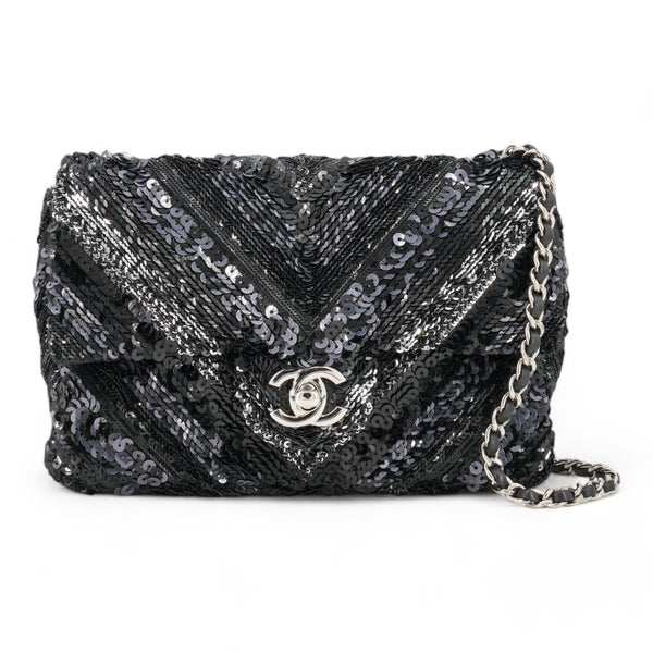 CHANEL Black Chevron Sequin Mini Flap Bag - Dearluxe.com