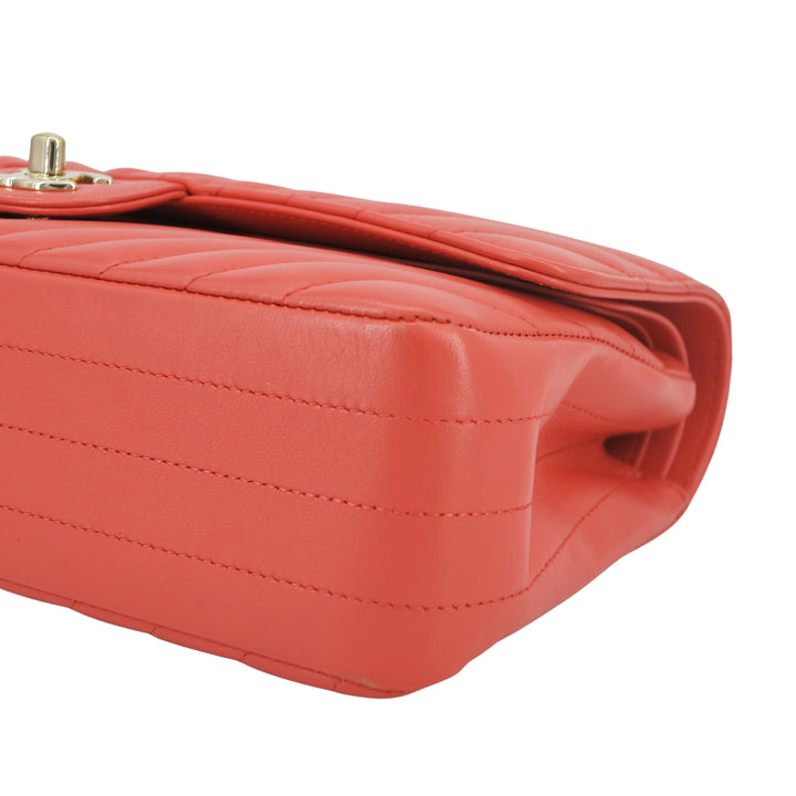 CHANEL Chevron Medium Classic Double Flap Bag in Pink Coral Red Lambskin - Dearluxe.com