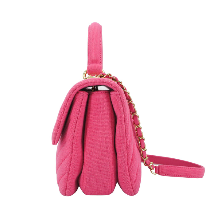 Small Trendy CC Flap Bag with Top Handle in Chevron Barbie Pink Jersey - Dearluxe.com