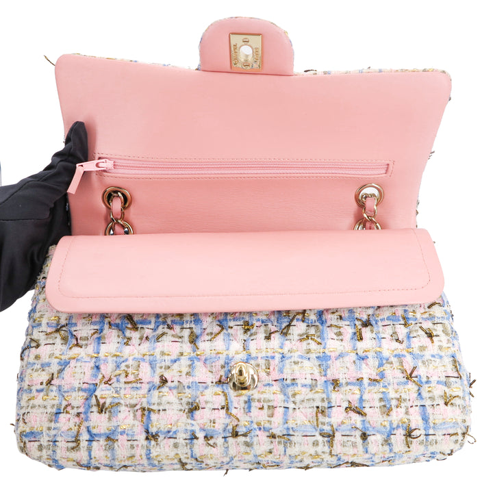 CHANEL 19C Pink Blue Tweed Medium Classic Double Flap Bag - Dearluxe.com