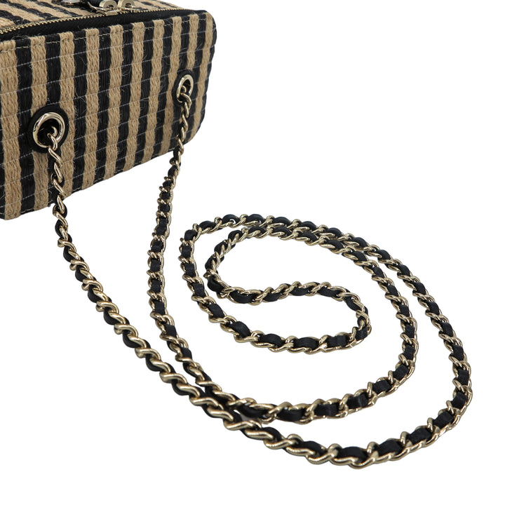 CHANEL 21P Raffia Black Beige Stripe Small Vanity Case with Chain - Dearluxe.com