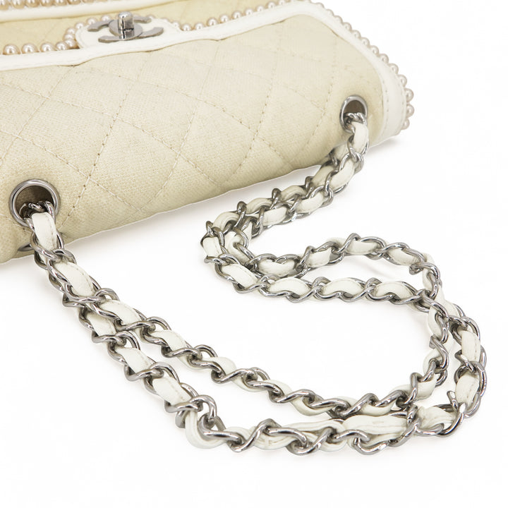 CHANEL Vintage Pearl Trim Quilted Canvas Medium Classic Double Flap Bag - Dearluxe.com