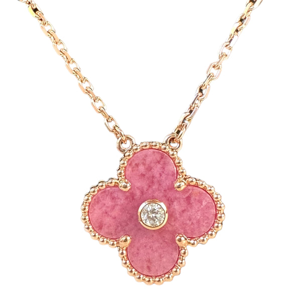 VAN CLEEF & ARPELS 2021 Rhodonite Vintage Alhambra Diamond Holiday Pendant Necklace - Dearluxe.com