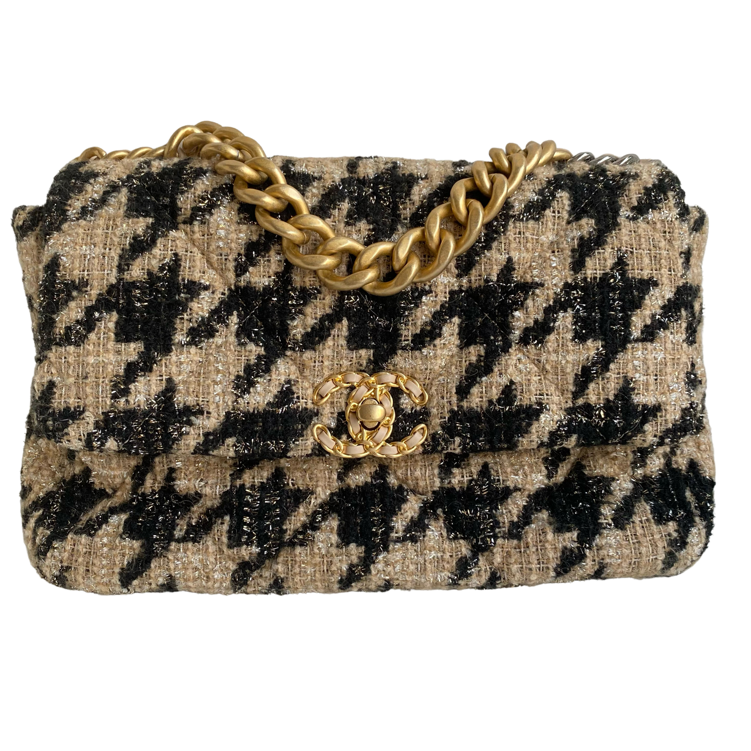 Chanel Beige, Black and Silver Houndstooth Tweed Maxi 19 Flap Brushed Gold and Ruthenium Hardware, 2019 (Very Good), Womens Handbag
