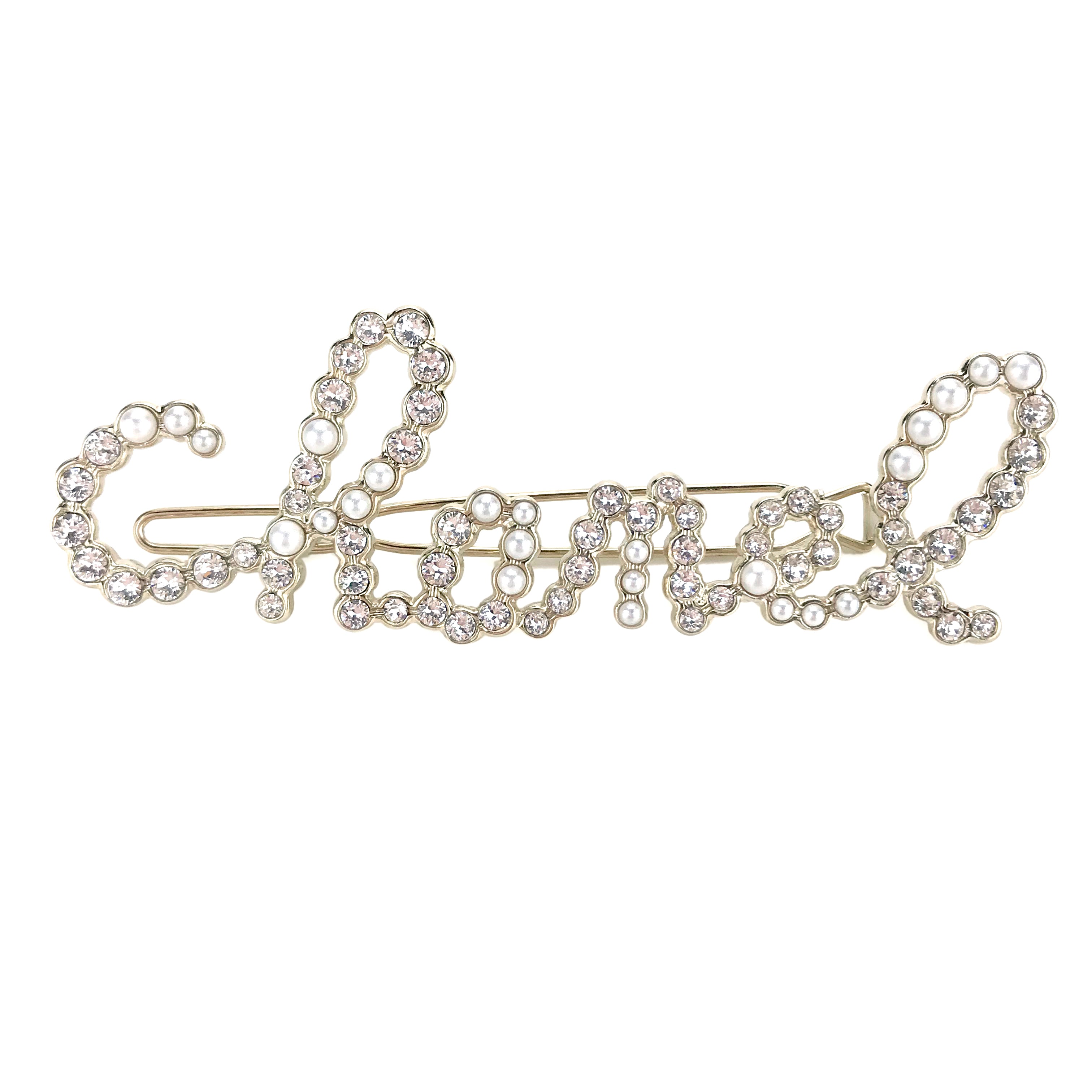 Chanel Scripted Chanel Crystal Pearl Hair Clip Barette | Dearluxe
