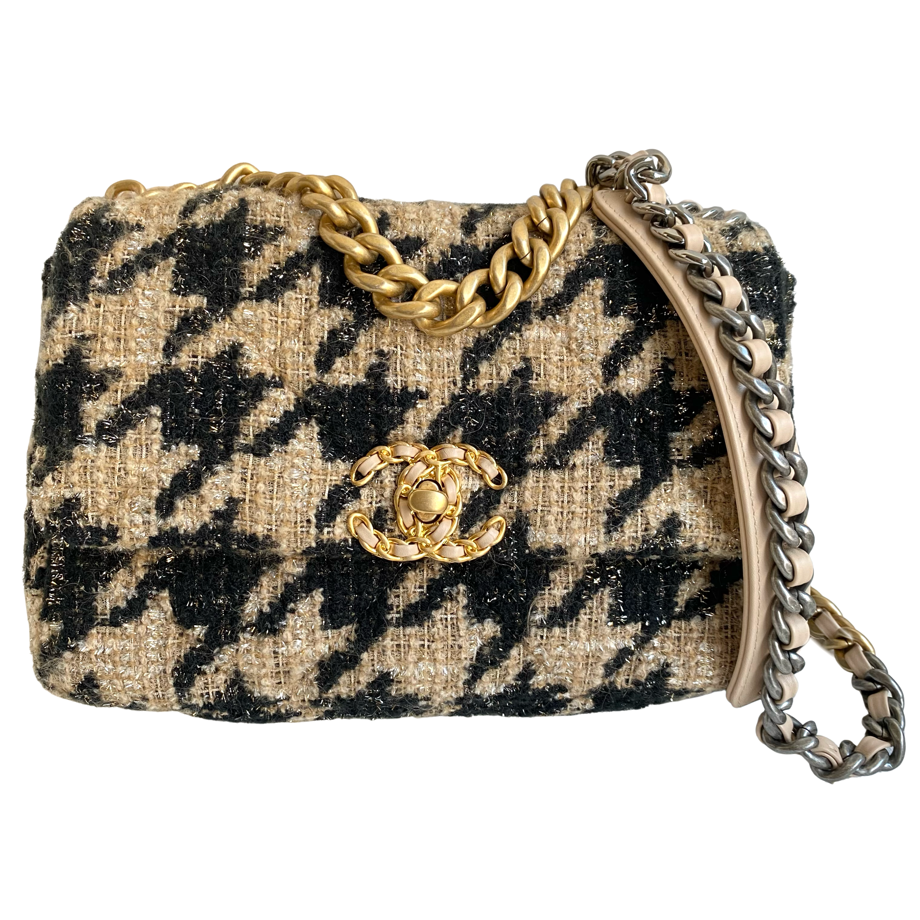 CHANEL 19K Houndstooth Tweed 19 Round Clutch w Chain + Coin Purse