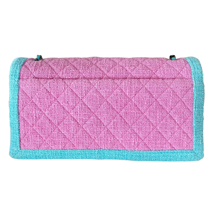 CHANEL 16C Pink Turquoise Tweed East West Flap Bag - Dearluxe.com