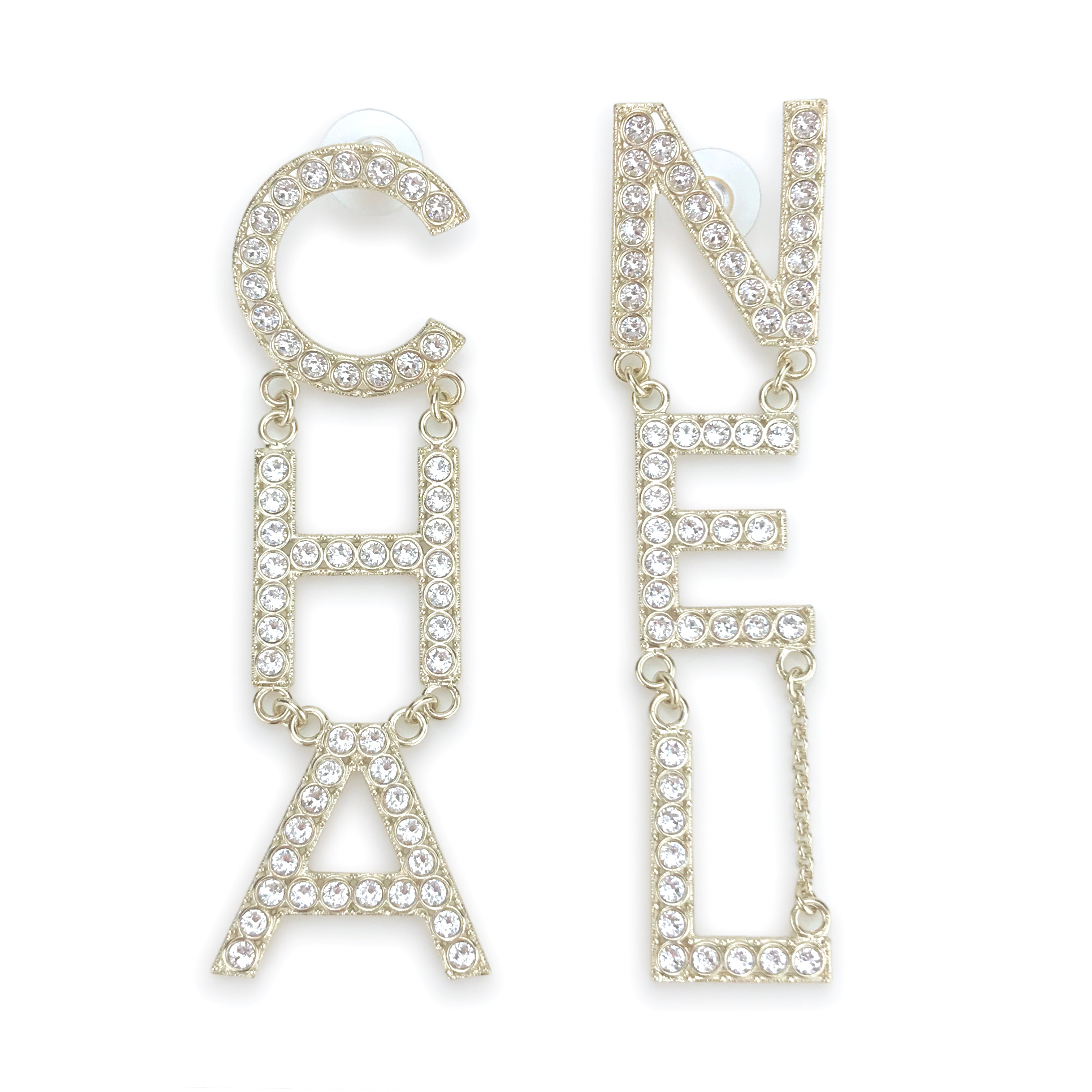 CHANEL Crystal Letter Logo Statement Dangle Earrings Dearluxe