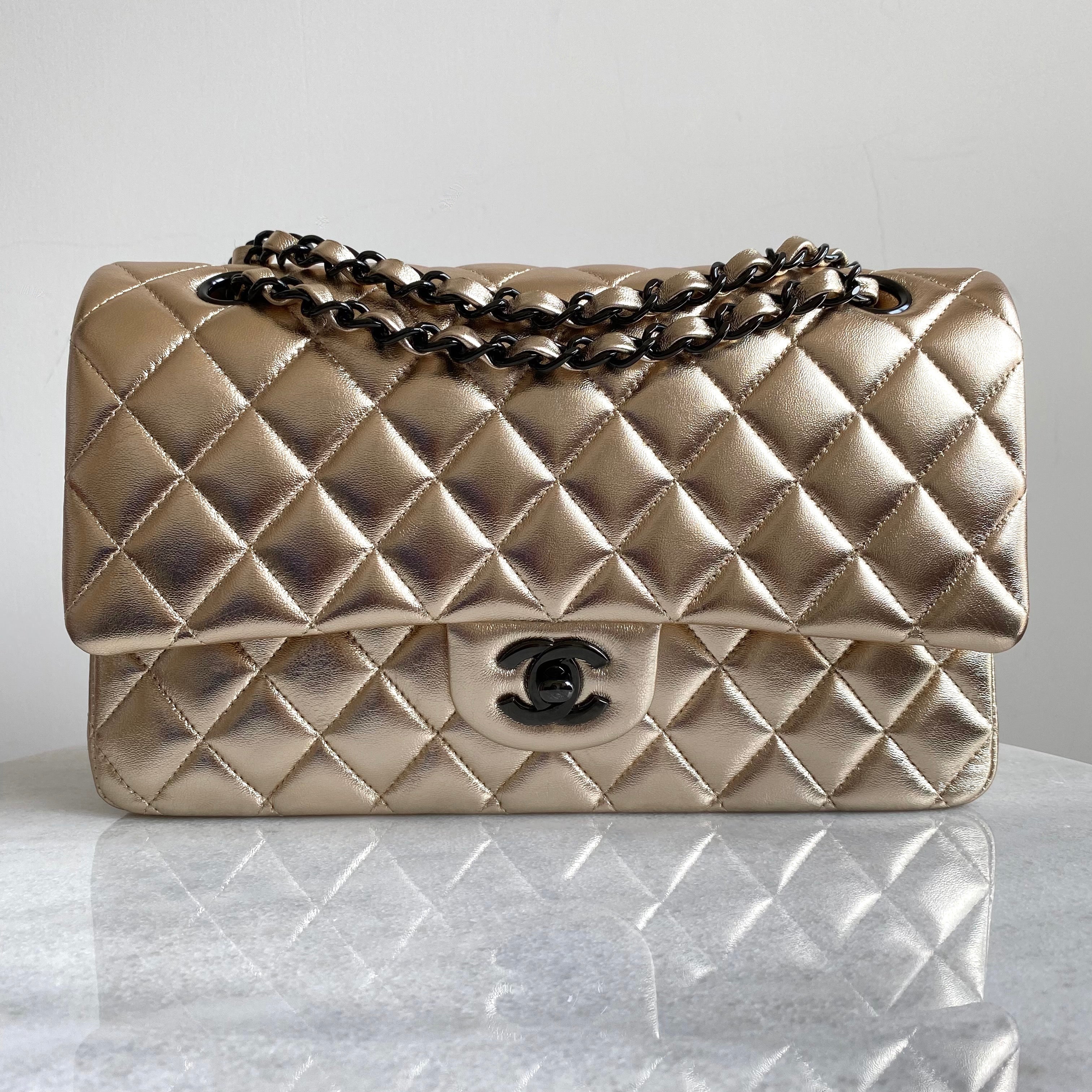Chanel Pale Gold Quilted Vinyl and Leather Medium Classic Double Flap Bag -  Luxury designerwear for less!