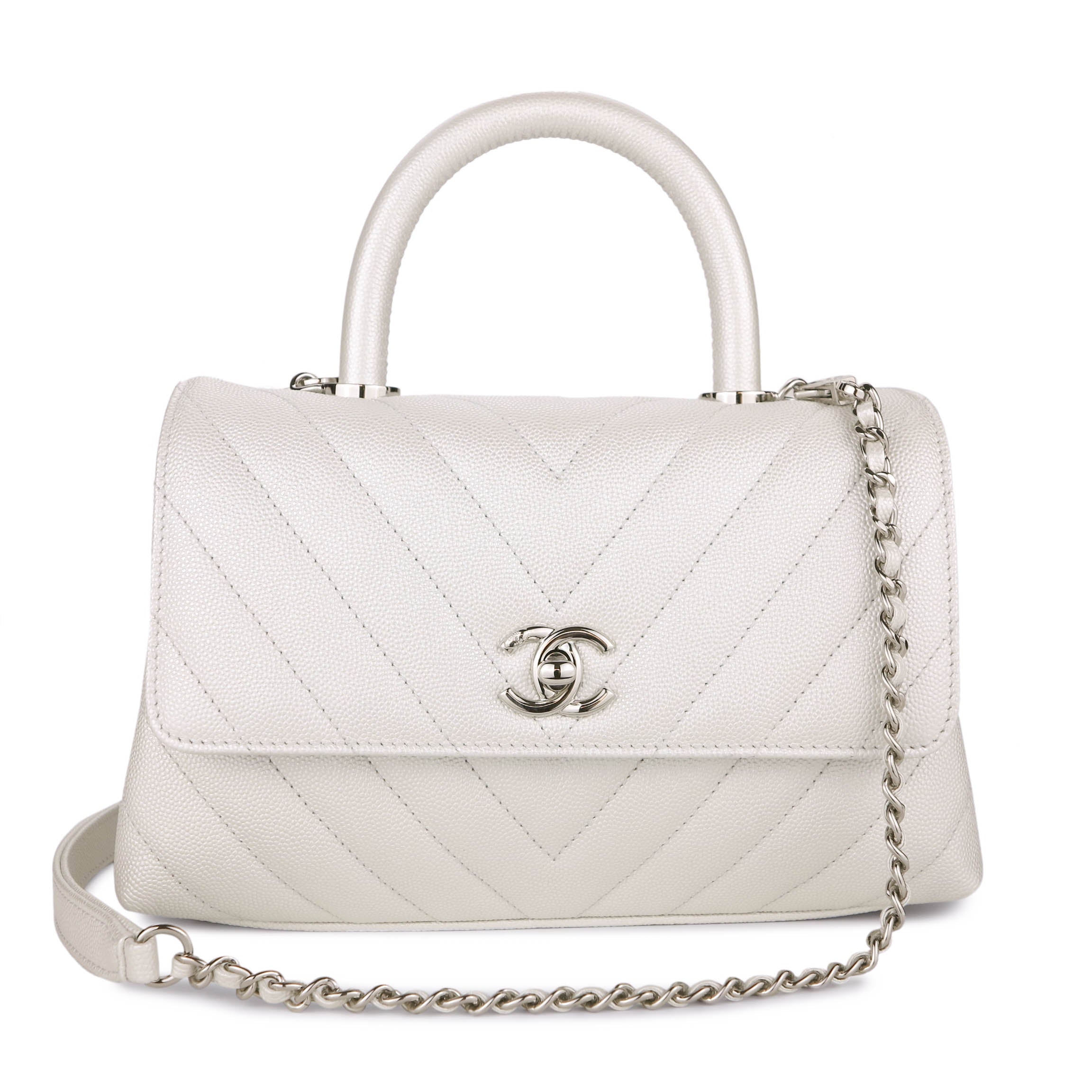 Chanel V Stitch Chevron Coco Handle 2wayHandbag White A92991 Lambskin