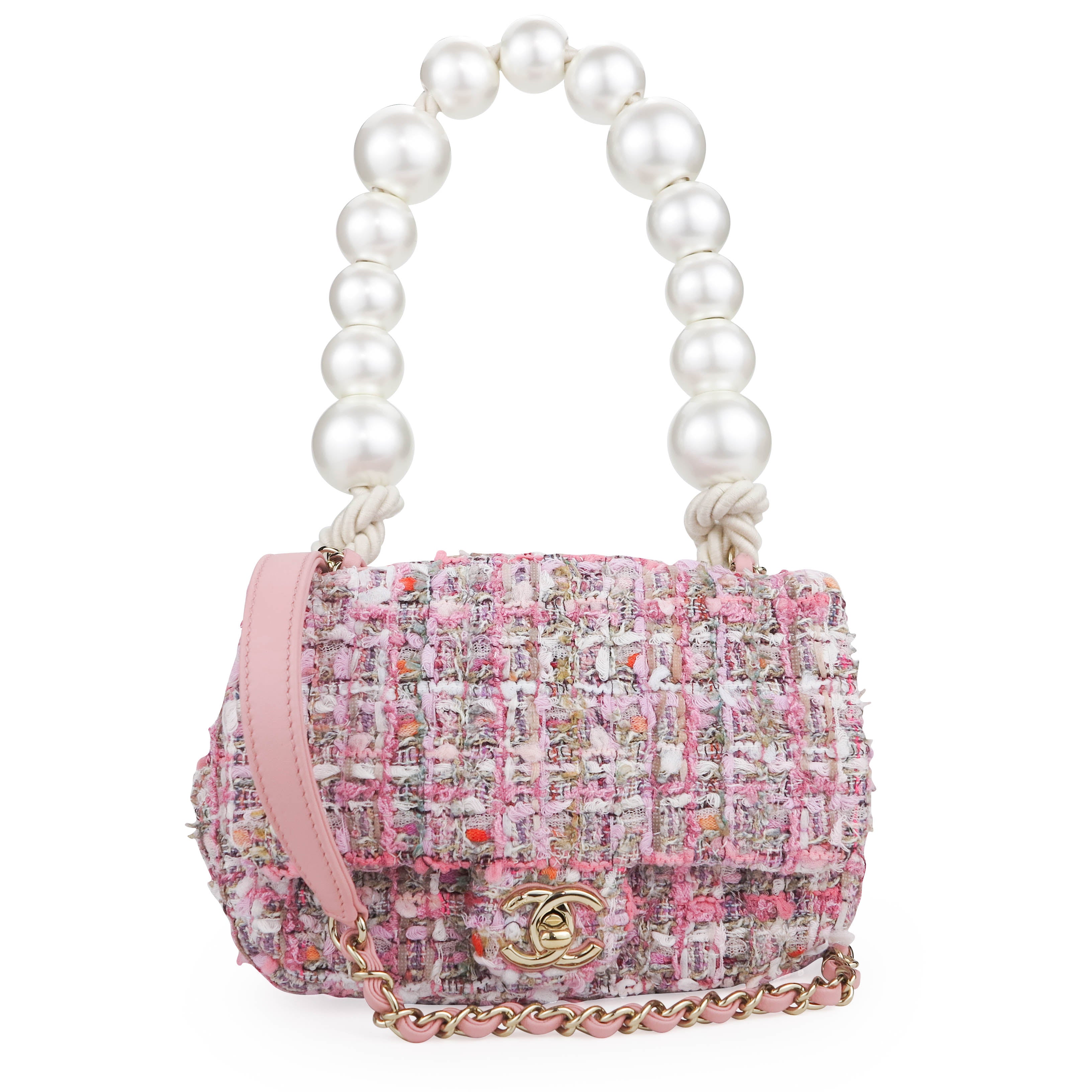 Chanel Pink Tweed Flap Bag with Large Pearl Handle and Champagne