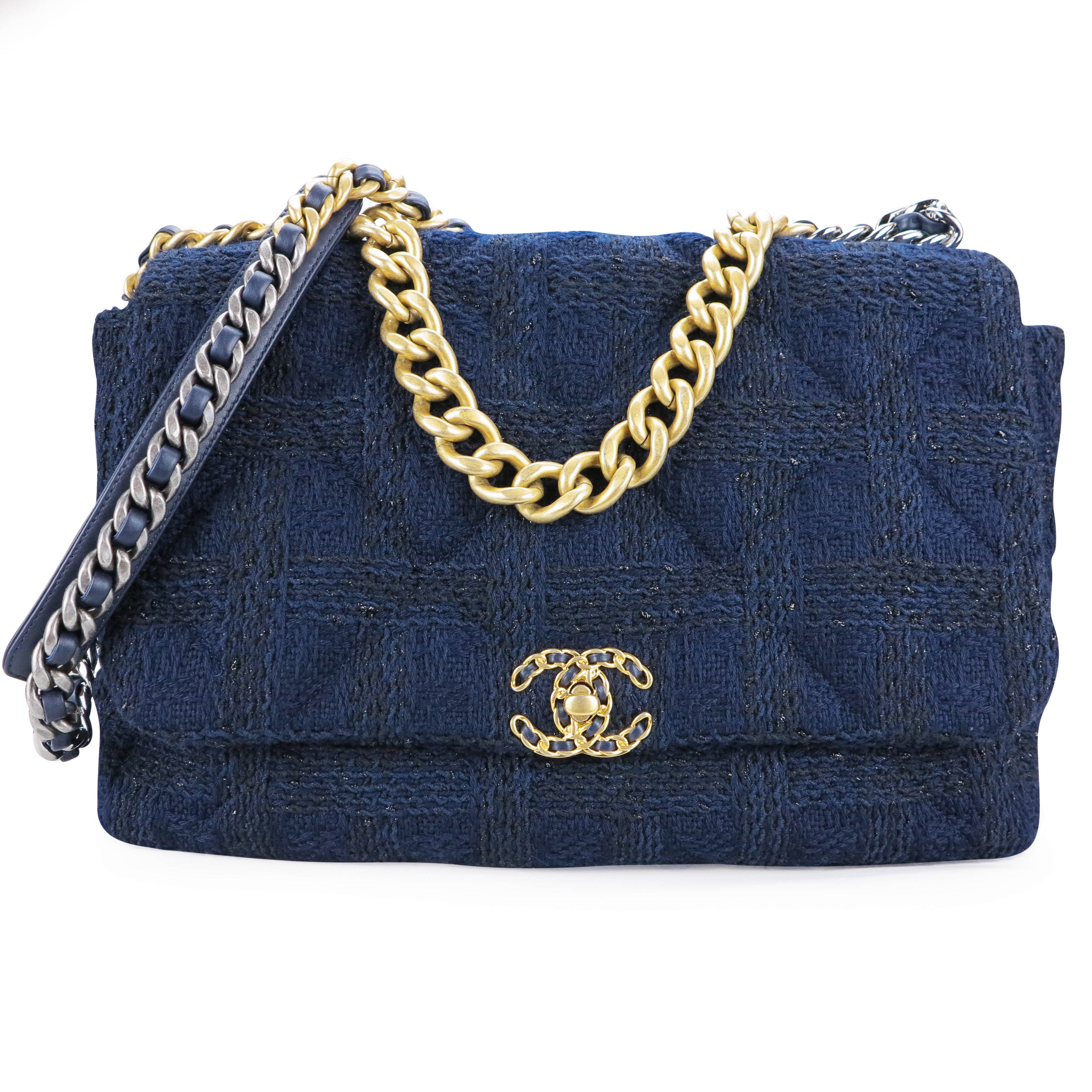 CHANEL Chanel 19 Maxi Flap Bag in Navy Black Tweed Dearluxe