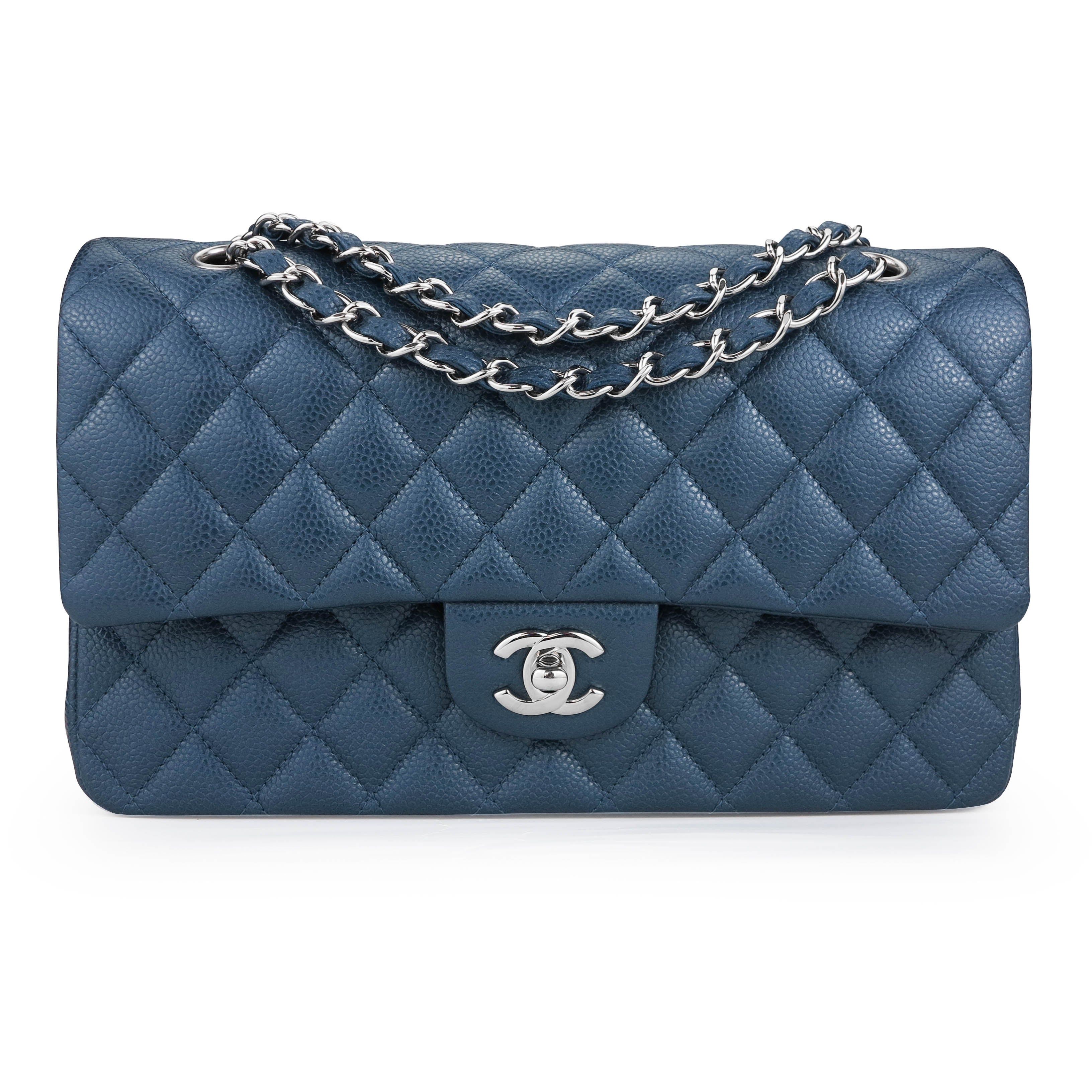 CHANEL Caviar Quilted Medium Double Flap Light Blue 338585