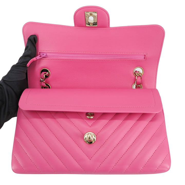 CHANEL Small Chevron Classic Double Flap Bag in 19C Barbie Pink Lambskin - Dearluxe.com
