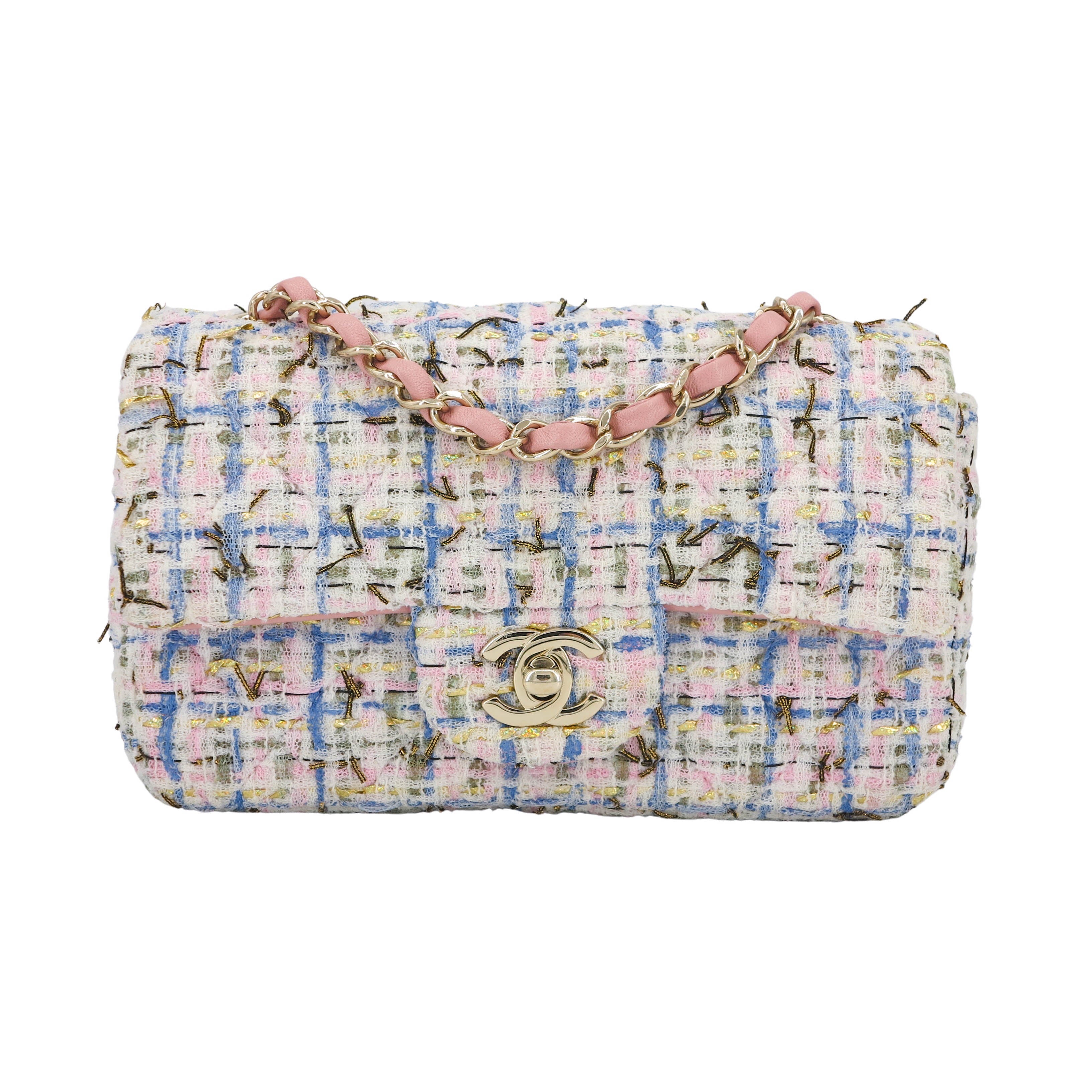 CHANEL 19C Pink Blue Tweed Medium Classic Double Flap Bag