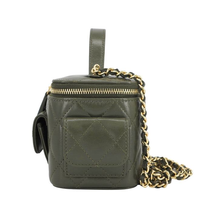 CHANEL 22K Small Vanity Case with Mini Pockets in Khaki Green Calfskin - Dearluxe.com