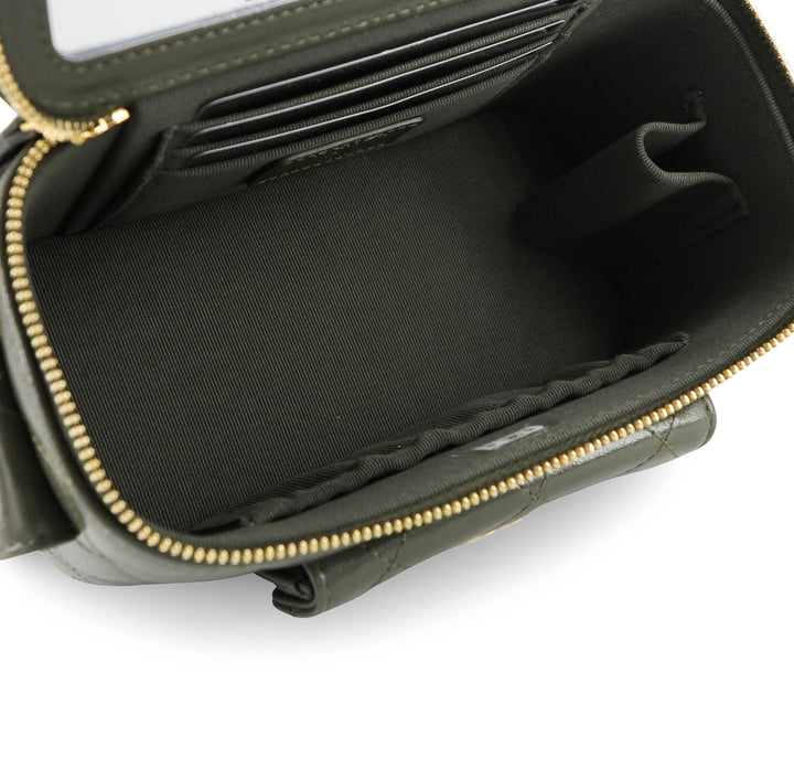 CHANEL 22K Small Vanity Case with Mini Pockets in Khaki Green Calfskin - Dearluxe.com