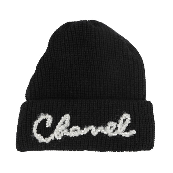 Pearl Beaded Chanel Script Cashmere Beanie Hat in Black White