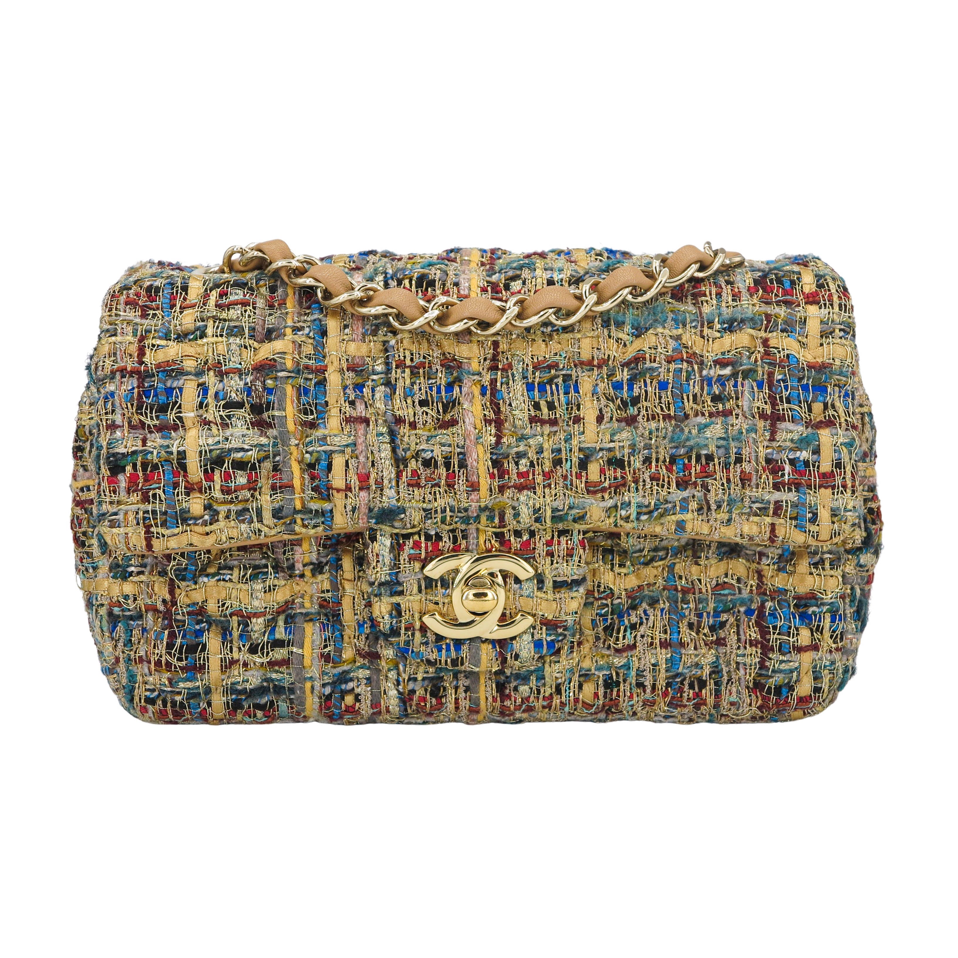 Chanel Mini Rectangular Flap Bag Multicolor Tweed Light Gold
