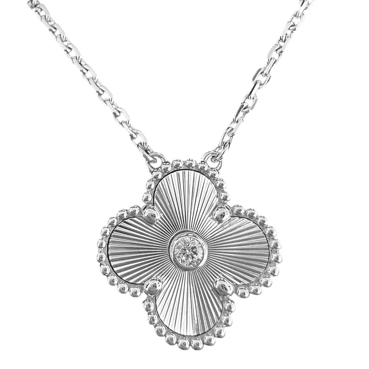 2020 White Gold Guilloché Vintage Alhambra Diamond Holiday Pendant Necklace - Dearluxe.com