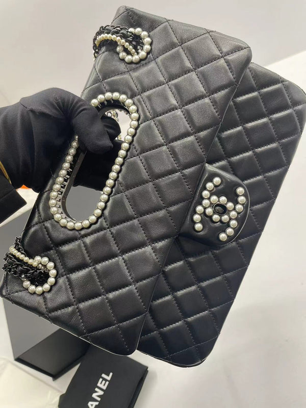 Pearl Large Double Flap Bag with Cut Out Handle and Multi Chain in Black Lambskin