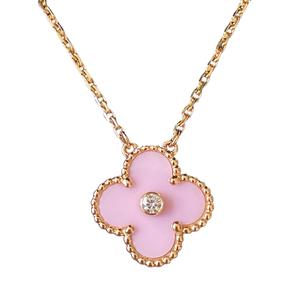 VAN CLEEF & ARPELS 2015 Pink Sèvres Porcelain Vintage Alhambra Diamond Holiday Pendant Necklace - Dearluxe.com