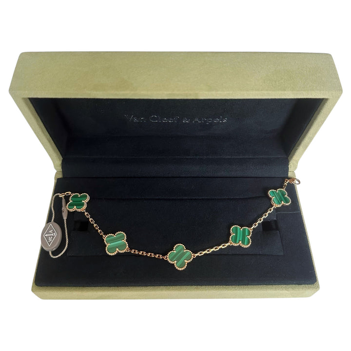 VAN CLEEF & ARPELS Malachite Vintage Alhambra 5 Motifs Bracelet 18k Yellow Gold - Dearluxe.com