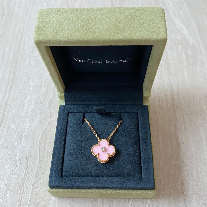 VAN CLEEF & ARPELS Vintage Alhambra 2015 Holiday Diamond Pendant Necklace in Pink Sèvres Porcelain 18k Pink Gold - Dearluxe.com