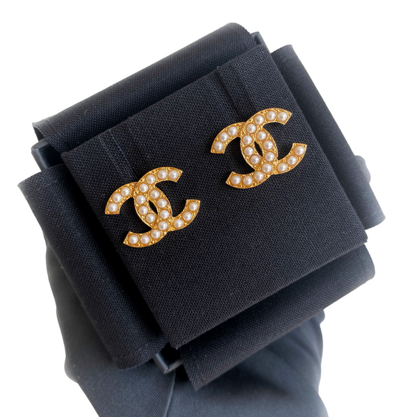 CHANEL Gold Pearl CC Logo Stud Earrings | Dearluxe