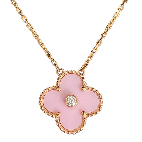 2015 Pink Sèvres Porcelain Vintage Alhambra Diamond Holiday Pendant Necklace