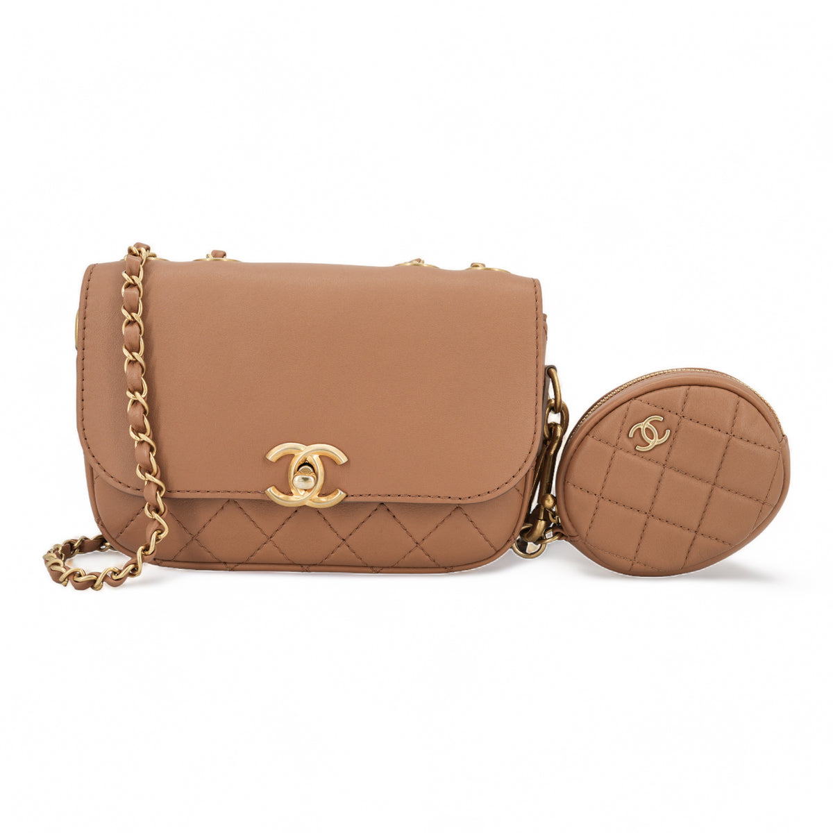 CHANEL 19K Caramel Calfskin Quilted Multi Pouching Flap Bag With Coin ...