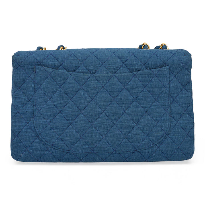 CHANEL Vintage Blue Linen XL Logo Maxi Jumbo Classic Single Flap Bag - Dearluxe.com