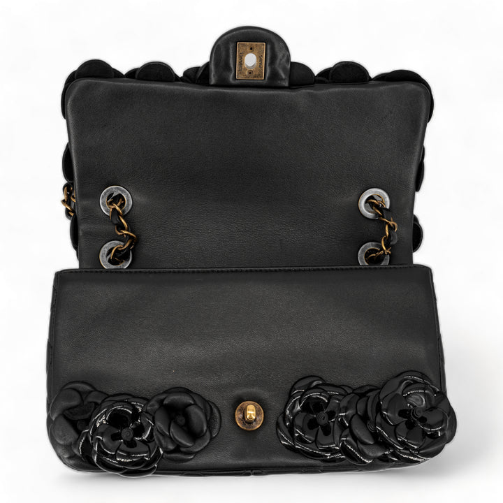 Chanel Chanel White Camellia Black Lambskin Leather Shoulder Tote Bag