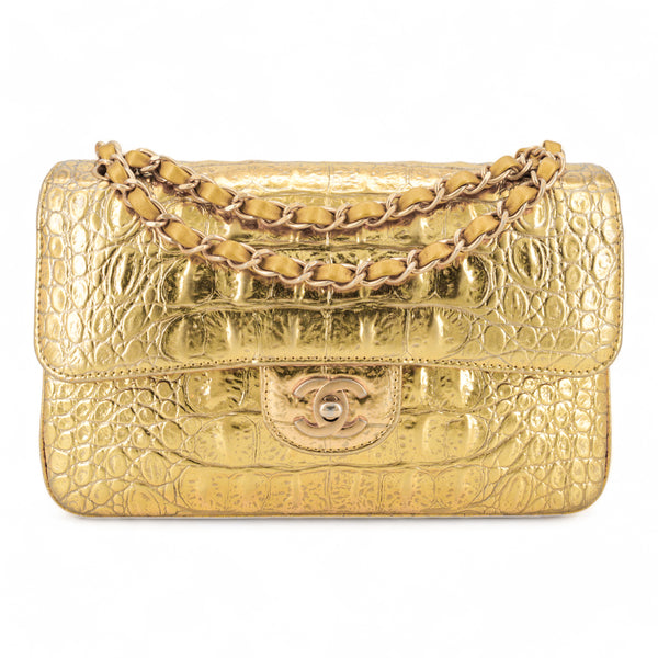 CHANEL 19A Gold Croc Embossed Calfskin Small Classic Double Flap Bag - Dearluxe.com