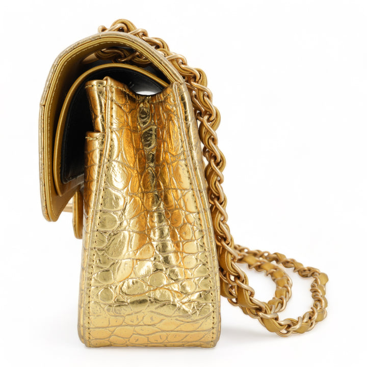 CHANEL 19A Gold Croc Embossed Calfskin Small Classic Double Flap Bag - Dearluxe.com