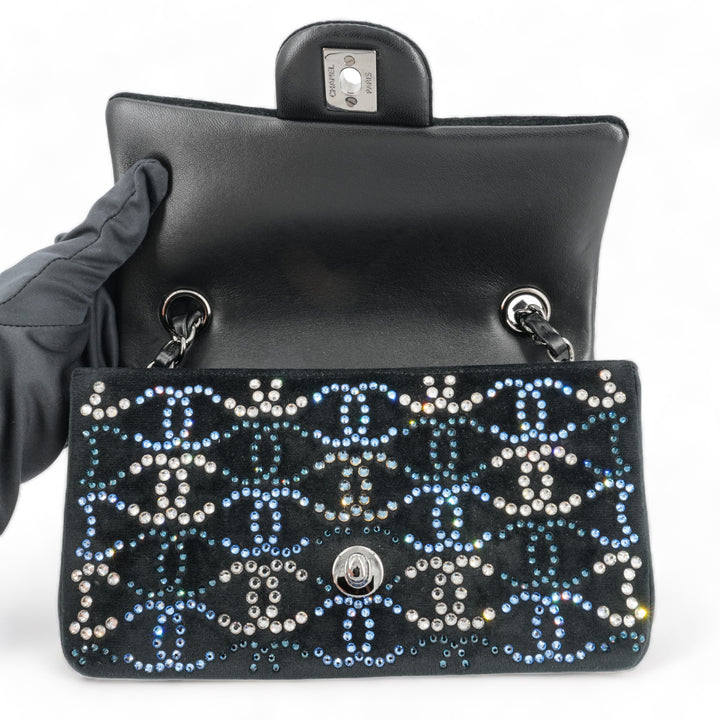 CHANEL CC Strass Swarovski Crystal Black Velvet Classic Mini Rectangular Flap Bag - Dearluxe.com