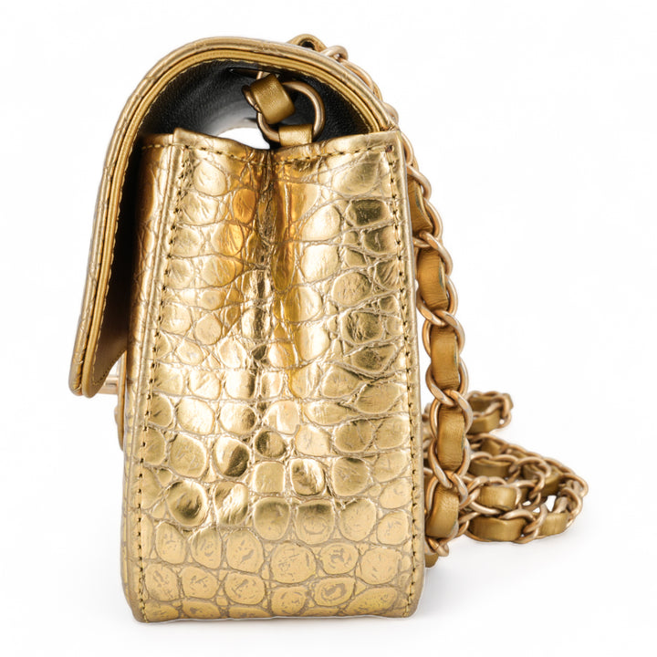 CHANEL Gold Croc Embossed Calfskin Mini Rectangular Flap Bag - Dearluxe.com
