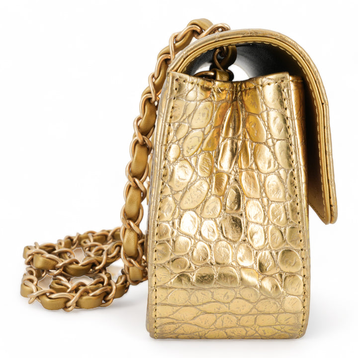 CHANEL Gold Croc Embossed Calfskin Mini Rectangular Flap Bag - Dearluxe.com