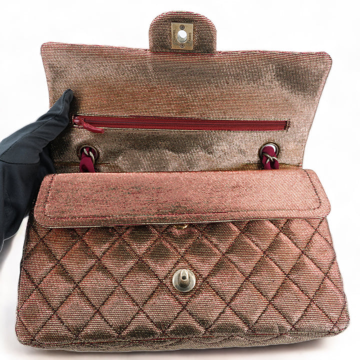 CHANEL 10C Iridescent Bronze Red Tweed Medium Classic Double Flap Bag - Dearluxe.com