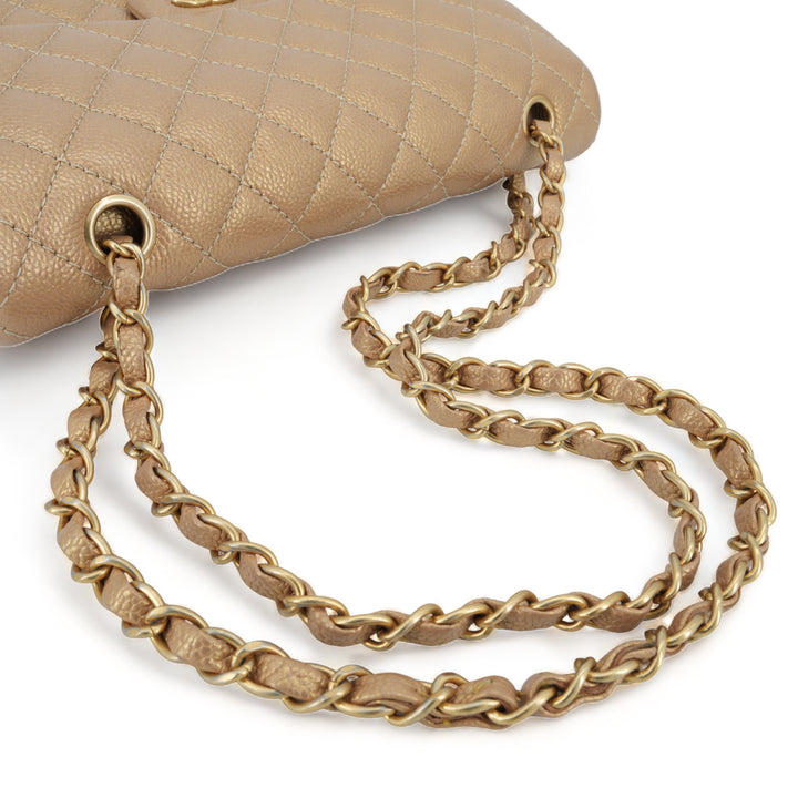 CHANEL 15C Pearly Gold Caviar Medium Classic Double Flap Bag - Dearluxe.com