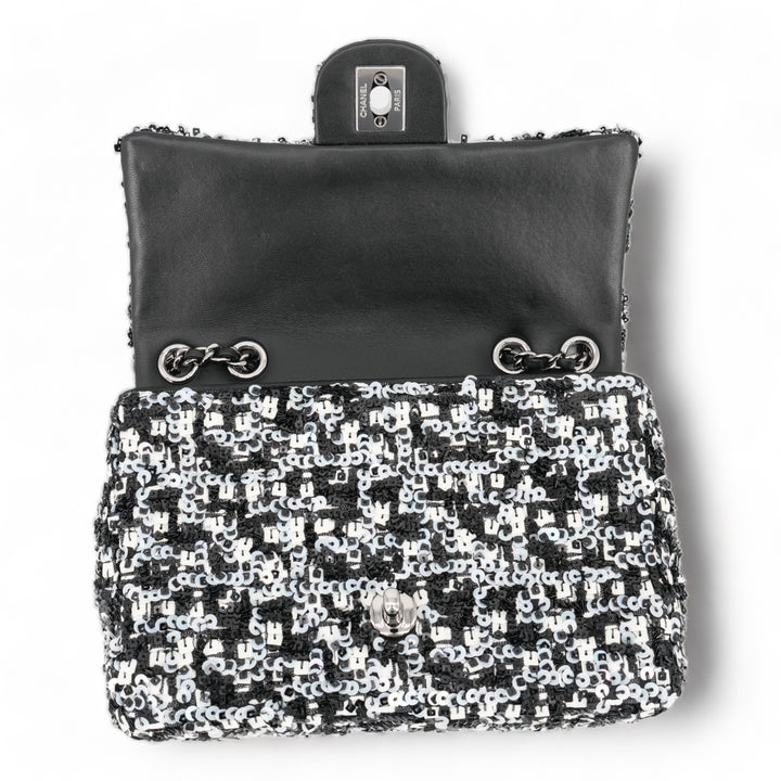 CHANEL 20K Black and White Sequin Mini Flap Bag - Dearluxe.com