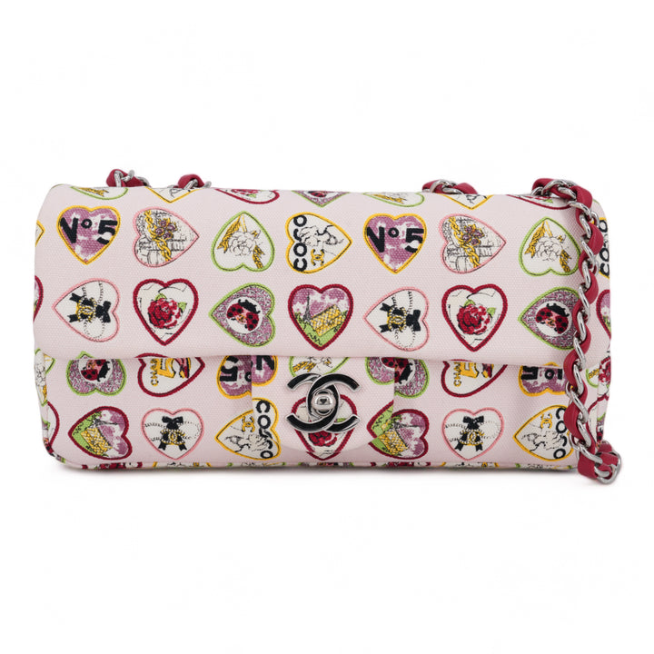 CHANEL Valentine Coco Heart Motif Printed Pink Canvas East West Flap Bag - Dearluxe.com