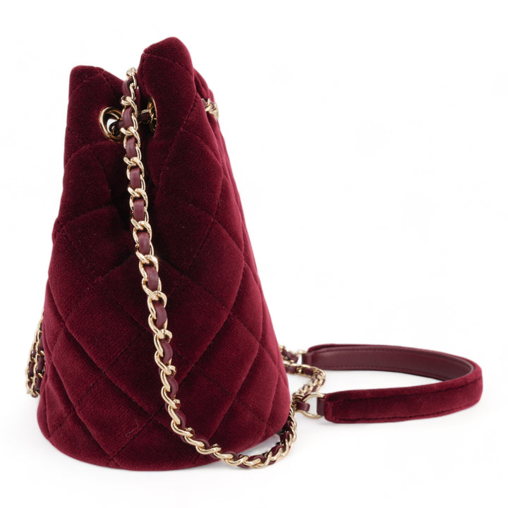 CHANEL Pearl Crush Crystal Ball Mini Bucket Bag in Burgundy Red Velvet - Dearluxe.com
