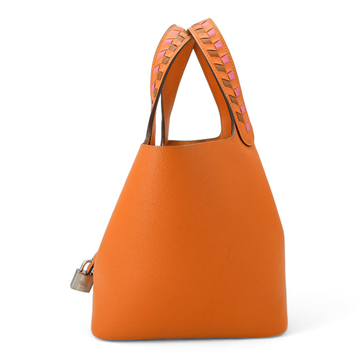 HERMÈS Tressage De Cuir Picotin Lock 18 PM Apricot/Rose Azalee/Gold Epsom Palladium Hardware - Dearluxe.com