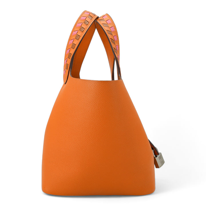 HERMÈS Tressage De Cuir Picotin Lock 18 PM Apricot/Rose Azalee/Gold Epsom Palladium Hardware - Dearluxe.com