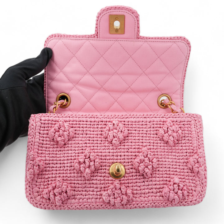 CHANEL 24P Pink Braided Raffia Classic Mini Rectangular Flap Bag - Dearluxe.com