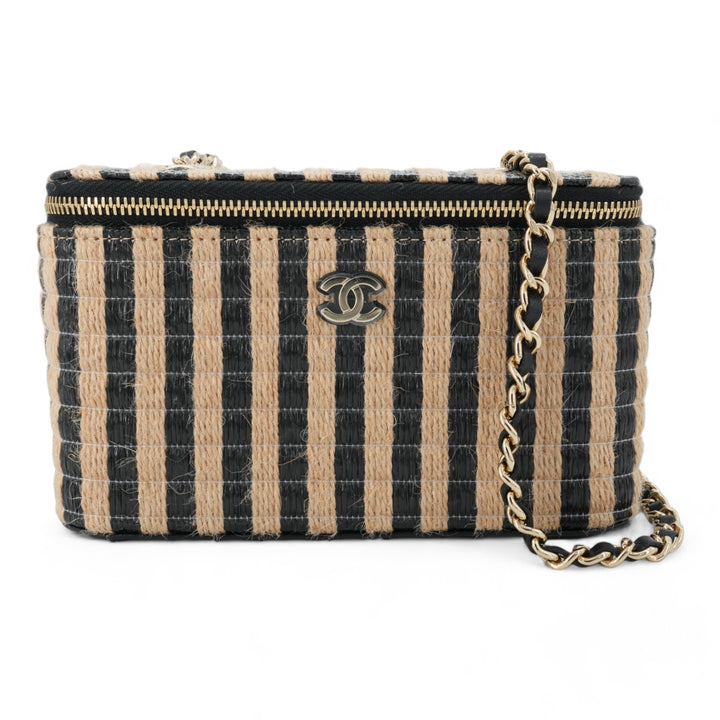 CHANEL 21P Raffia Black Beige Stripe Small Vanity Case with Chain - Dearluxe.com