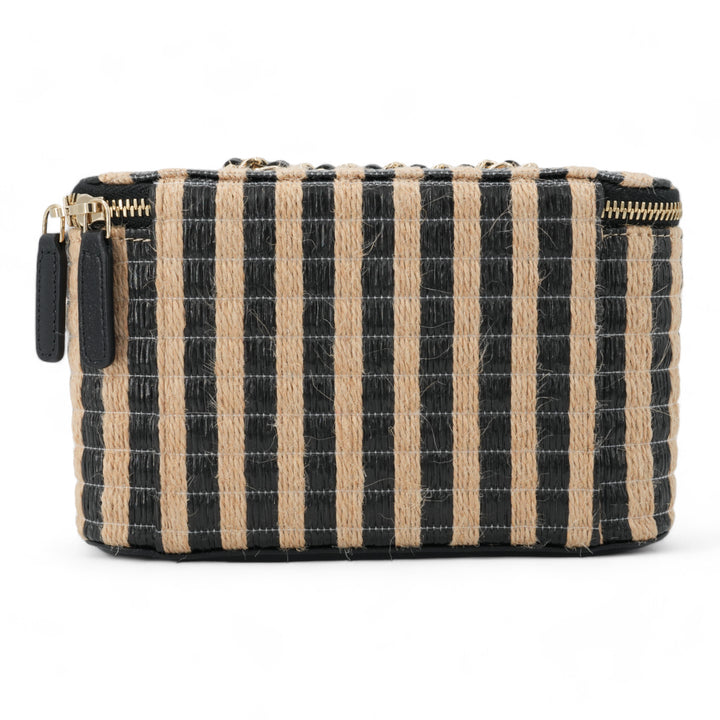 CHANEL 21P Raffia Black Beige Stripe Small Vanity Case with Chain - Dearluxe.com